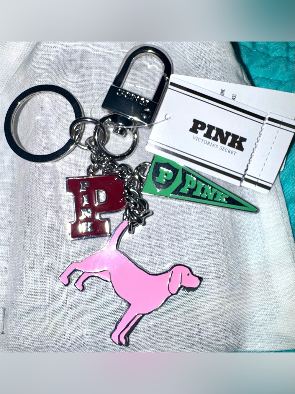 PINK Victoria's Secret Pink Dog Keychain Bag Charm - Silver Hardware - NWT - Picture 3 of 5